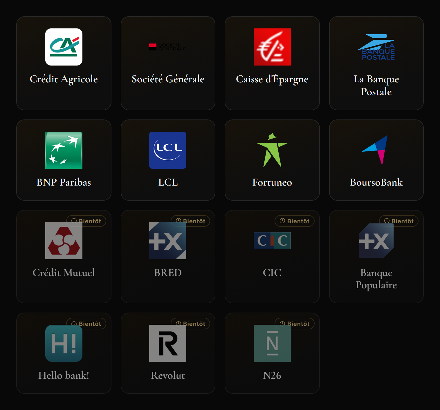 Grille de choix de la banque dans What In My Pocket : Crédit Agricole, Société Générale, Caisse d’Épargne, La Banque Postale, BNP Paribas, LCL, Fortuneo, BoursoBank, et sept banques annoncées