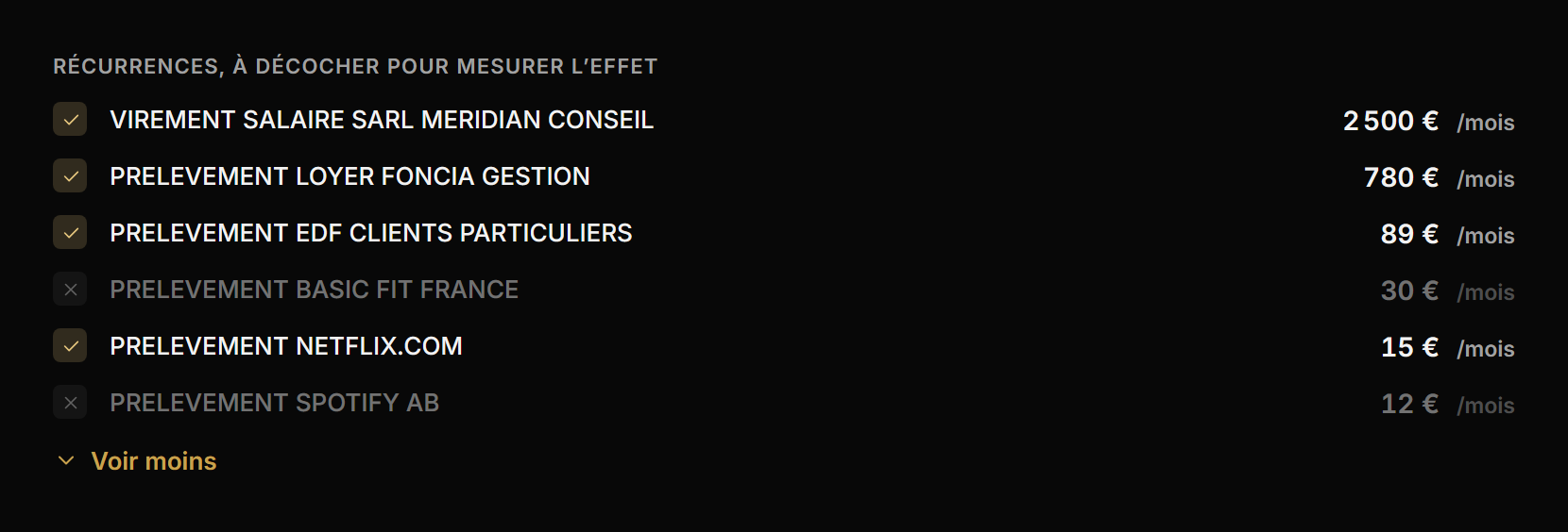 Récurrents détectés dans What In My Pocket : salaire, loyer, EDF, Netflix cochés, Basic Fit et Spotify décochés