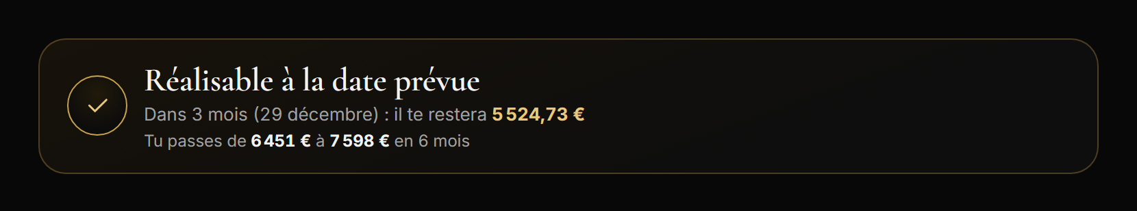 Verdict de simulation : réalisable à la date prévue, il te restera 5 524,73 €